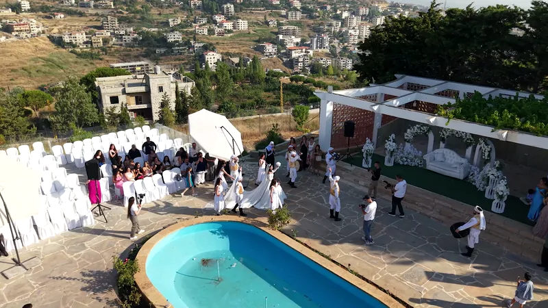 The pool and the pergola, with the village behind